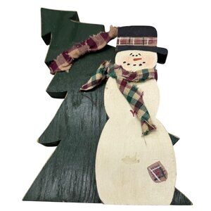 Handmade Wooden Snowman & Christmas Tree Holiday Decor 9.5" Tall READ